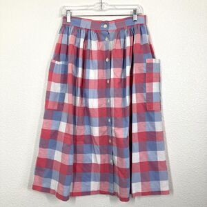 Vintage Russ Skirt Womens Medium Red Blue Plaid Cotton Button Front Pockets 80s